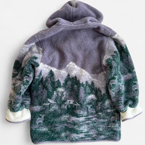 Vintage Basic Editions Fleece Hooded Jacket Forest Deer Cabin Woodland Green M - Picture 6 of 8